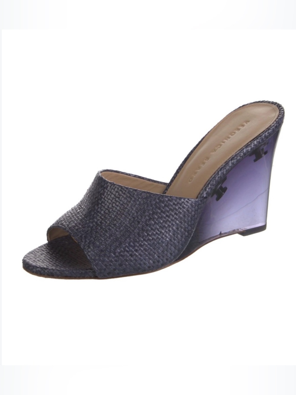 Veronica Beard Dali Lucite Wedge Mules Navy Woven Leather Peep Toe 9
